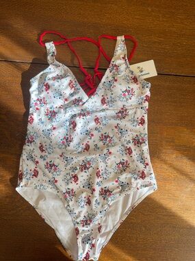 Floral One-Piece Swimsuit with Red Strap Detail